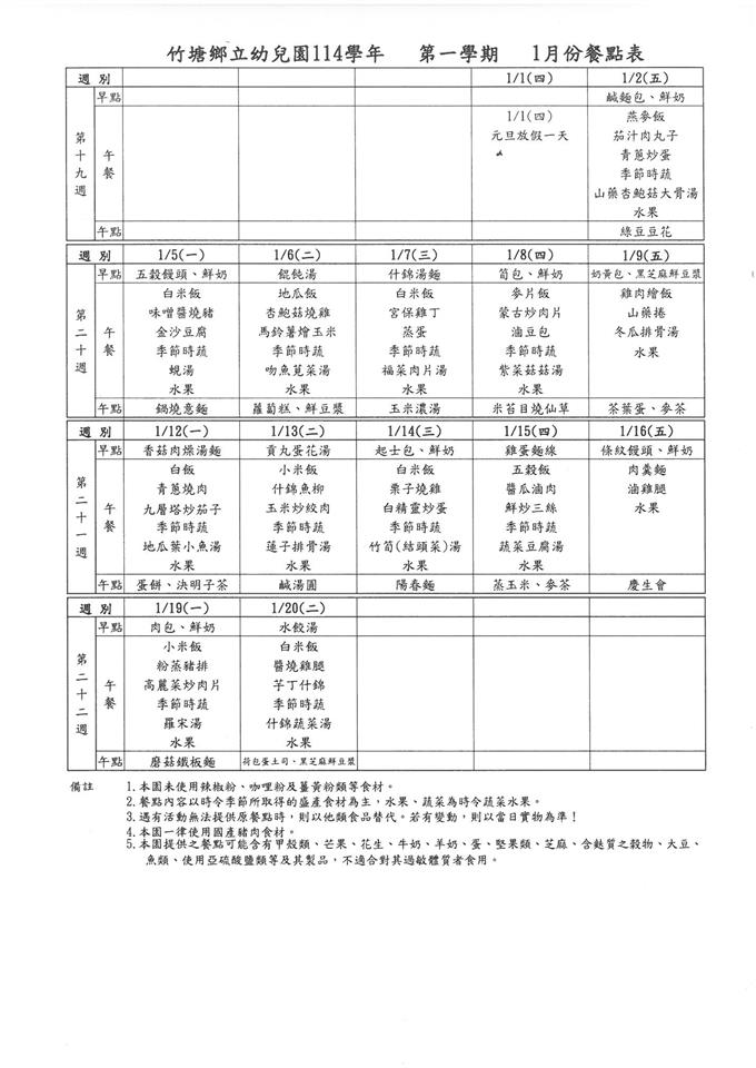 衛生保健及餐點1月份餐點食材