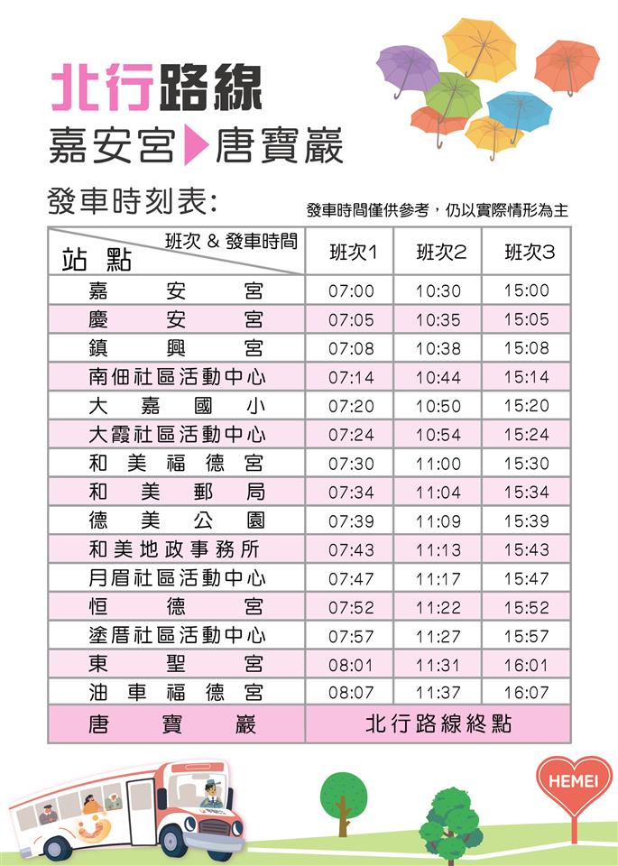 幸福巴士時間表-北行