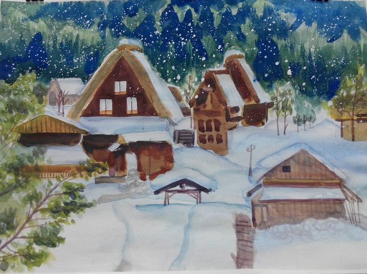 藝文推廣教育第一期成果展水彩素描班-陳靜玉-雪屋